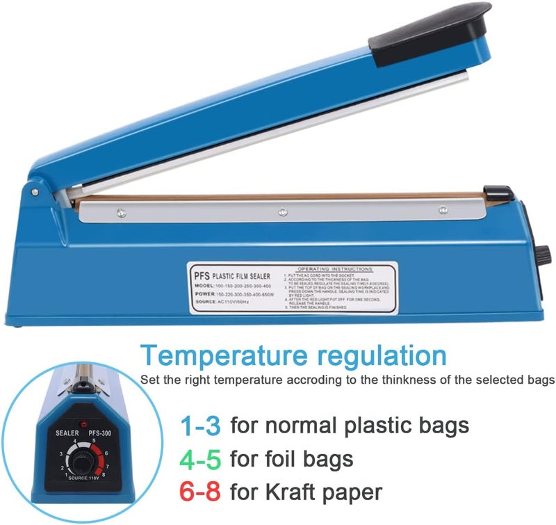 Piwerod 12 Inch Impulse Heat Sealer Machine, Cookie Bag Sealer for Plastic Mylar PE PP Bags and Kraft Paper Bags, Manual Poly Bag Hot Seal Sealing Machine with Extra Replace Element Grip - Image 3